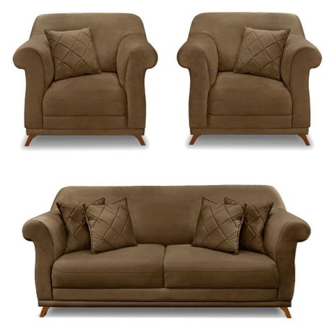 Kit 2 Poltronas E Sofá 2 Lugares 1,80m Pés Castanho Caramelo