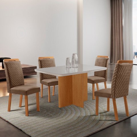 Mesa de Jantar Olímpia 120 cm Tampo MDF Vidro Canto Copo com 4 Cadeiras Aline