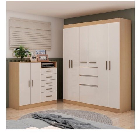 Guarda Roupa 7 Portas com Cômoda 5 Gavetas 2 Portas Bege/Freijo/White Laca