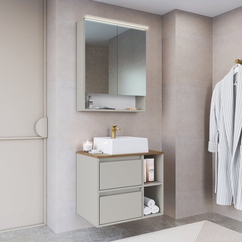 Conjunto para Banheiro Gabinete Suspenso 60cm com Cuba Espelheira com Led