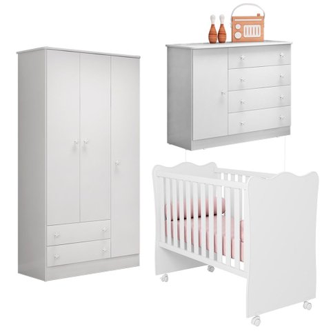 Conjunto para Quarto de Bebê Completo Cômoda Berço com Colchão e Roupeiro Doce Sonho Branco Qmovi