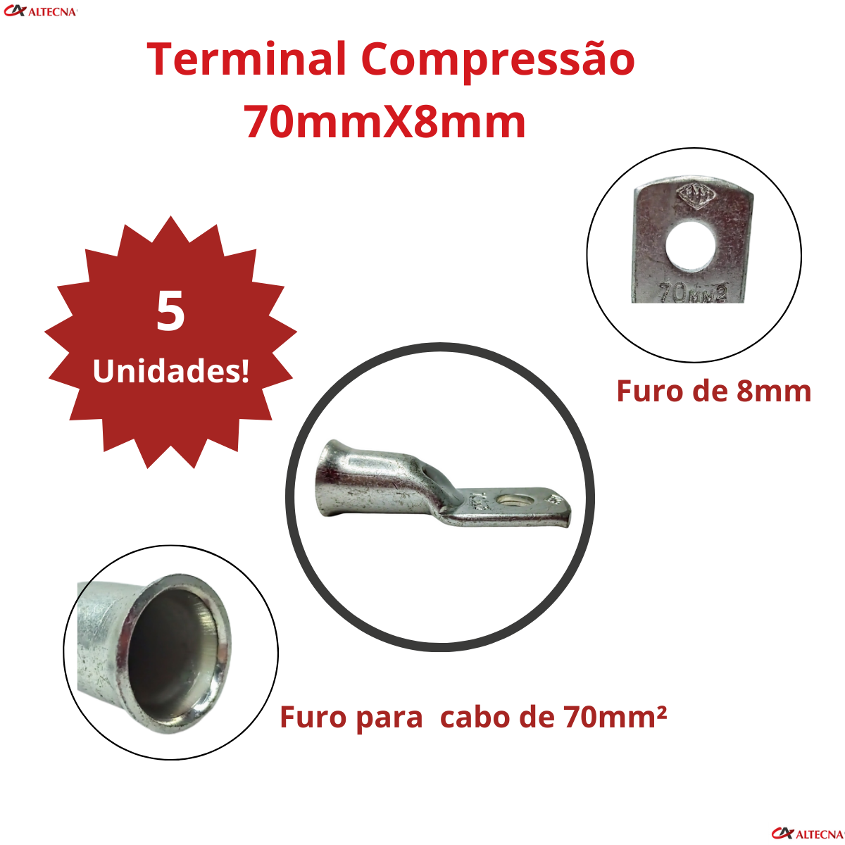 Terminal Olhal Tubolar de Compressão 70mm X M8 Com 5 Unidades - 6