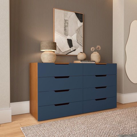 Cômoda Madri com 8 Gavetas 150x84cm Azul/Freijó 250697