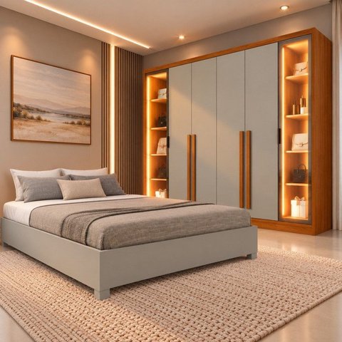 Conjunto Casal Guarda Roupa Portugal Reflecta e Cama Casal Queen Monaco