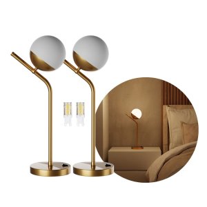 Kit 2 Abajur Luminária de Mesa Moderno Inclinado Dourado com Vidro Globo e Lâmpada Branco Quente