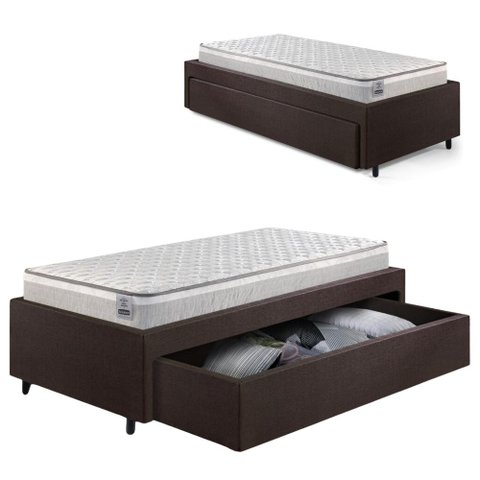 Base Box Cama Solteirão Sapateira Courino Linho Marrom e Colchão Hanover Inducol 96x203