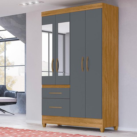 Guarda Roupa Madri 110cm 4 Portas Freijó Cinza com Espelho Moval