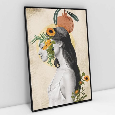 Quadro Decorativo em Canvas Abstrato Face Flowers - Moldura Preta - 60 x 40cm
