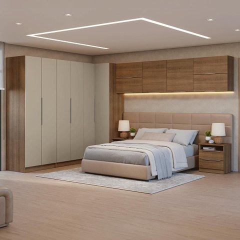 Quarto Completo Casal de Canto 610 cm com Mesa de Cabeceira Rustic/Crema Neo Madesa
