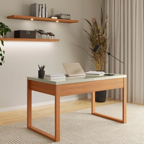 Escrivaninha Mesa Escritório 100% Freijó Off White 135cm Industrial Freijó E Off White