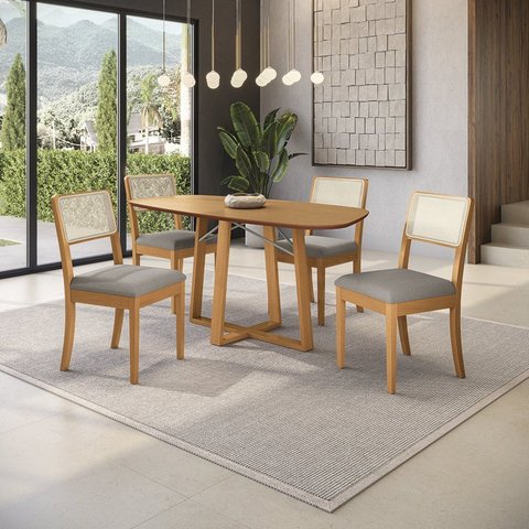 Conjunto Mesa de Jantar Elma e 4 Cadeiras com Telinha Lola em Madeira Maciça e Linho Cinza