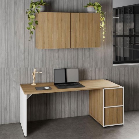 Mesa Escrivaninha 1,70m Pé Painel C/ 2 Armários Aéreos F5 Cor:macadâmia com Branco
