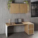 Ver imagem 1 de Mesa Escrivaninha 1,70m Pé Painel C/ 2 Armários Aéreos F5 Cor:macadâmia com Branco