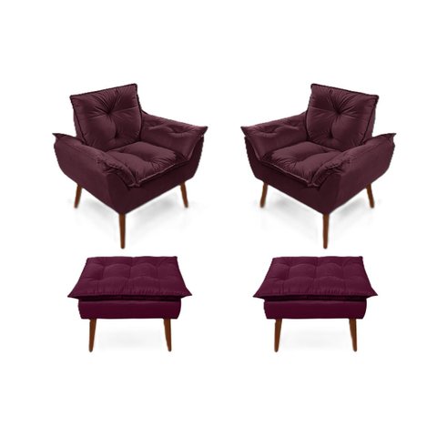 2 Poltronas Opala com 2 Puff Bordo Decorativa Confortável para Sala Quarto Recepção Suede Luxo