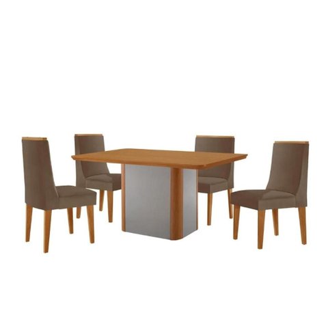 Conjunto: Mesa de Cozinha Pietá Tampo Curvo 120cm+4 Cadeiras Dakota Madeira Naturale/Off White -