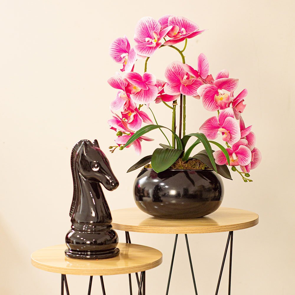 Arranjo Com 2 Orquídeas Rosa Artificial No Vaso De Vidro Preto Semi Fosco Beng Flores