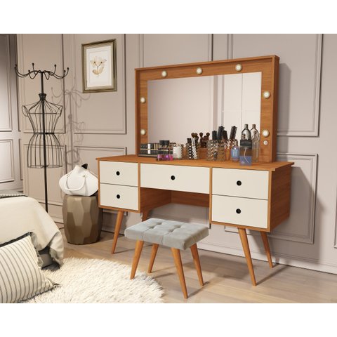 Penteadeira Camarim com Leds e Espelho Feminina Anaísa MDF:‎ Nature/Off White