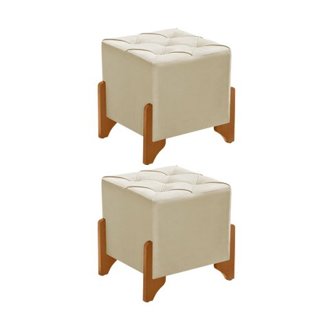 Kit 2 Puff Monet em Veludo Bege Base em Madeira Maciça