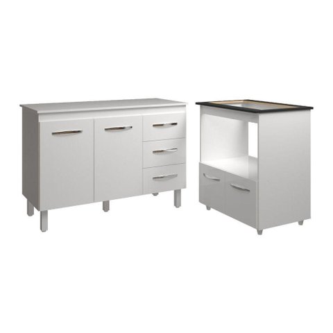Balcão Armário Gabinete Bruna 118 Cm com Tampo Tampão e Balcão Evelyn para Cooktop 5 Bocas