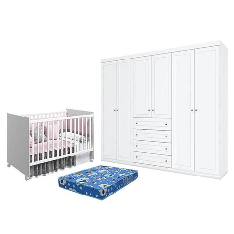 Berço Branco Acetinado - Reller e guarda Roupa Casal Americano 6 Portas Branco e Colchão Ortobom