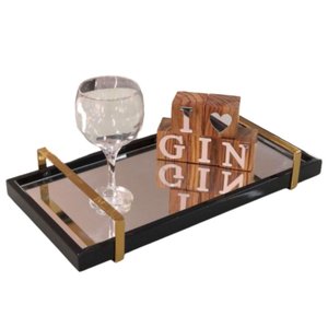 Bandeja Espelhada Laqueada Preto com Alça Dourada