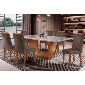 Sala de Jantar Completa Jade Tampo Madeirado C/ Vidro Curvo 180x90 e 6 Cadeiras Amsterdã Capuccino/