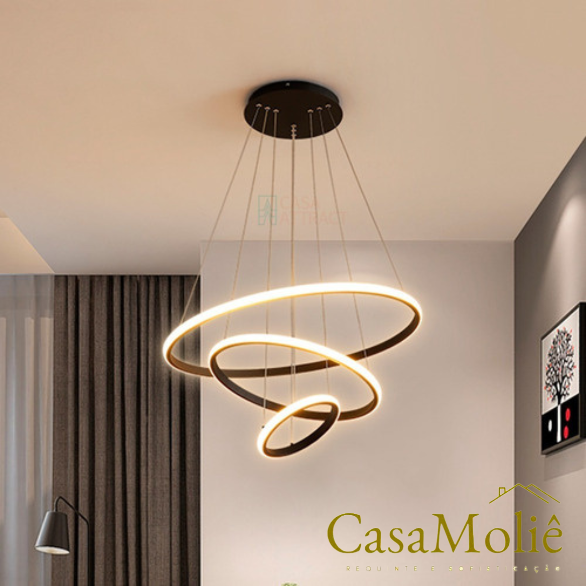 Lustre Led Moderno Pendente Preto C/ Controle 80cm 113w - 2