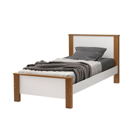 Cama Solteiro Mila Pés de Madeira com Colchão D33 para Quarto Moderno Estilo Clean - Branco com Mel