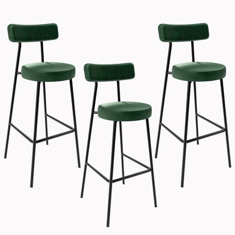 Kit 03 Banquetas Altas Sala De Jantar Estrutura Em Aço Milão F01 Couríssimo Verde Musgo - Lyam