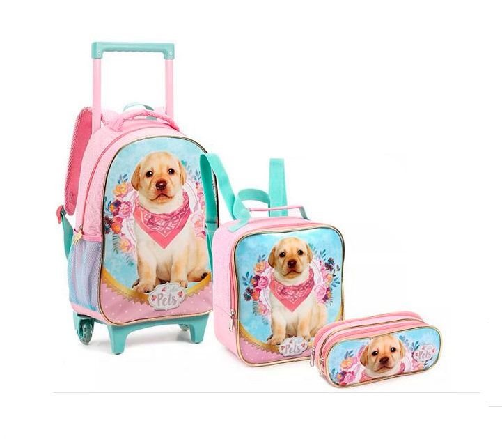 Kit 3 Peças Cute Pets Mochila Infantil com Rodinhas + Lancheira Térmica + Estojo - Água - 1