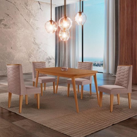 Mesa de Jantar Copper 120cm Tampo Mdf 4 Cadeiras Moderna Linho Capuccino/naturale/naturale