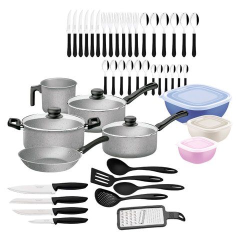 Kit Tramontina 47 Peças para Cozinha com Panelas Antiaderentes em Alumínio Cinza