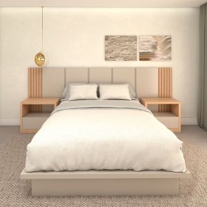 Cama Queen e Cabeceira com 2 Mesas Laterais Mdf sob Medida Cor:carvalho Malva com Titânio