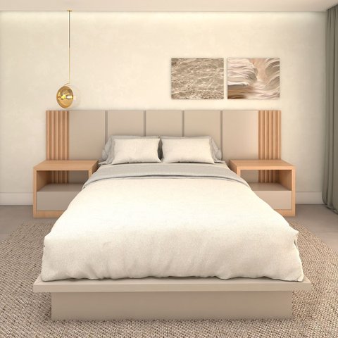 Cama Queen e Cabeceira com 2 Mesas Laterais Mdf sob Medida Cor:carvalho Malva com Titânio