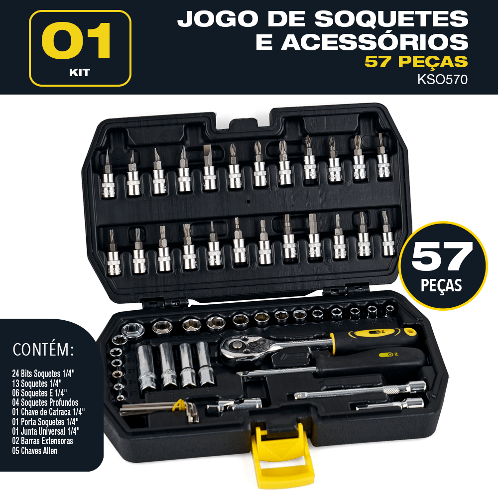 Kit Jogo Soquetes Chave Catraca 1/4 Allen 57 Peças Completo - 2
