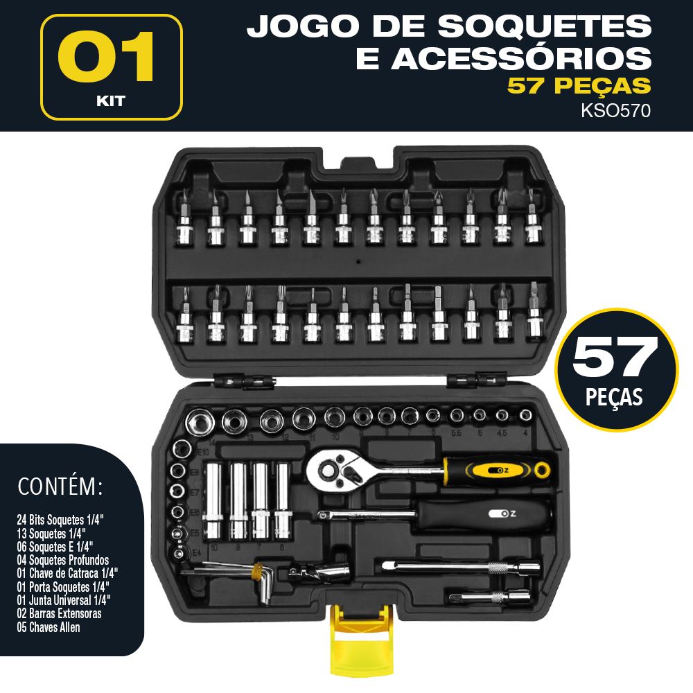 Kit Jogo Soquetes Chave Catraca 1/4 Allen 57 Peças Completo - 3