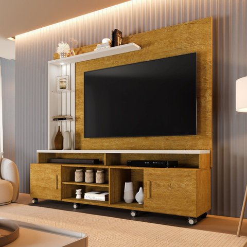 Estante Ripado para TV até 65 Polegadas com LED 180CMX187CM e Rodízios Ocean Marrom