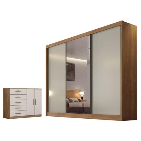 Guarda Roupa Casal Sonetto com Espelho e Cômoda Seul Cumaru 25 Fendi - Novo Horizonte