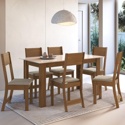 Conjunto Sala de Jantar Fidelitá Veneza com 6 Cadeiras Freijó/off-white Assento Bege
