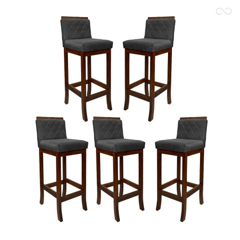 Kit 5 Banquetas Alta para Bancada de Cozinha Nice Madeira Castanho Matelassê Suede Cinza Ccs