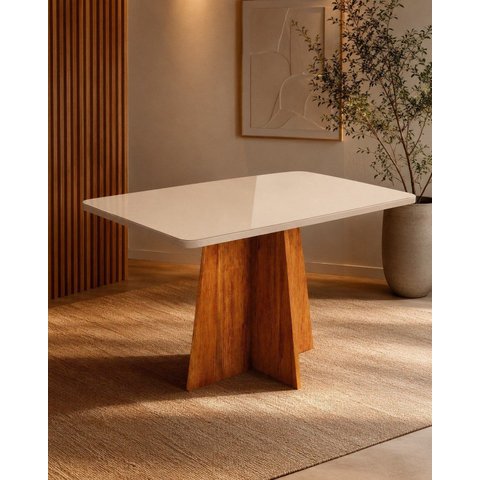 Mesa de Jantar 4 Lugares Retangular Aires em MDF Vidro Mel e Off White