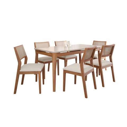 Sala de Jantar Baobá Mesa 160x80 Vidro com 6 Cadeiras Oiti em Madeira Tauari - Madeira/Offwhite/