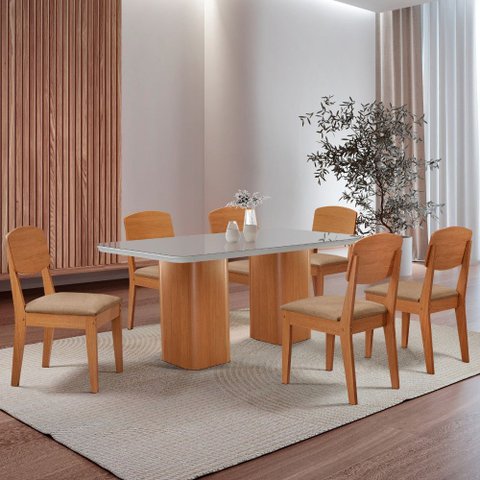 Mesa de Jantar Eloise 180cm Tampo Mdf Vidro com 6 Cadeiras Copper Moderna Mobília