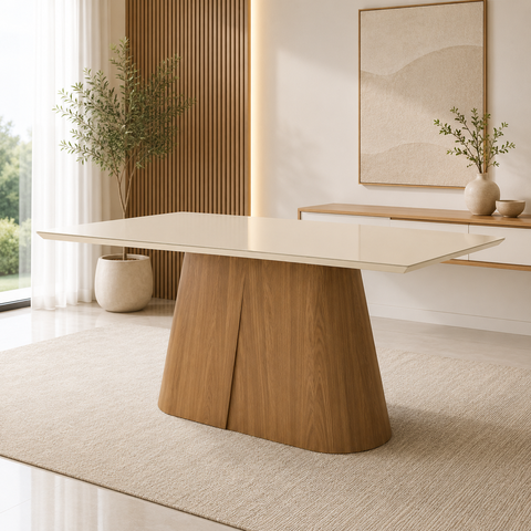 Mesa de Jantar Olivia Henn 160 cm com Tampo MDF e Vidro para 6 Lugares Canto Reto