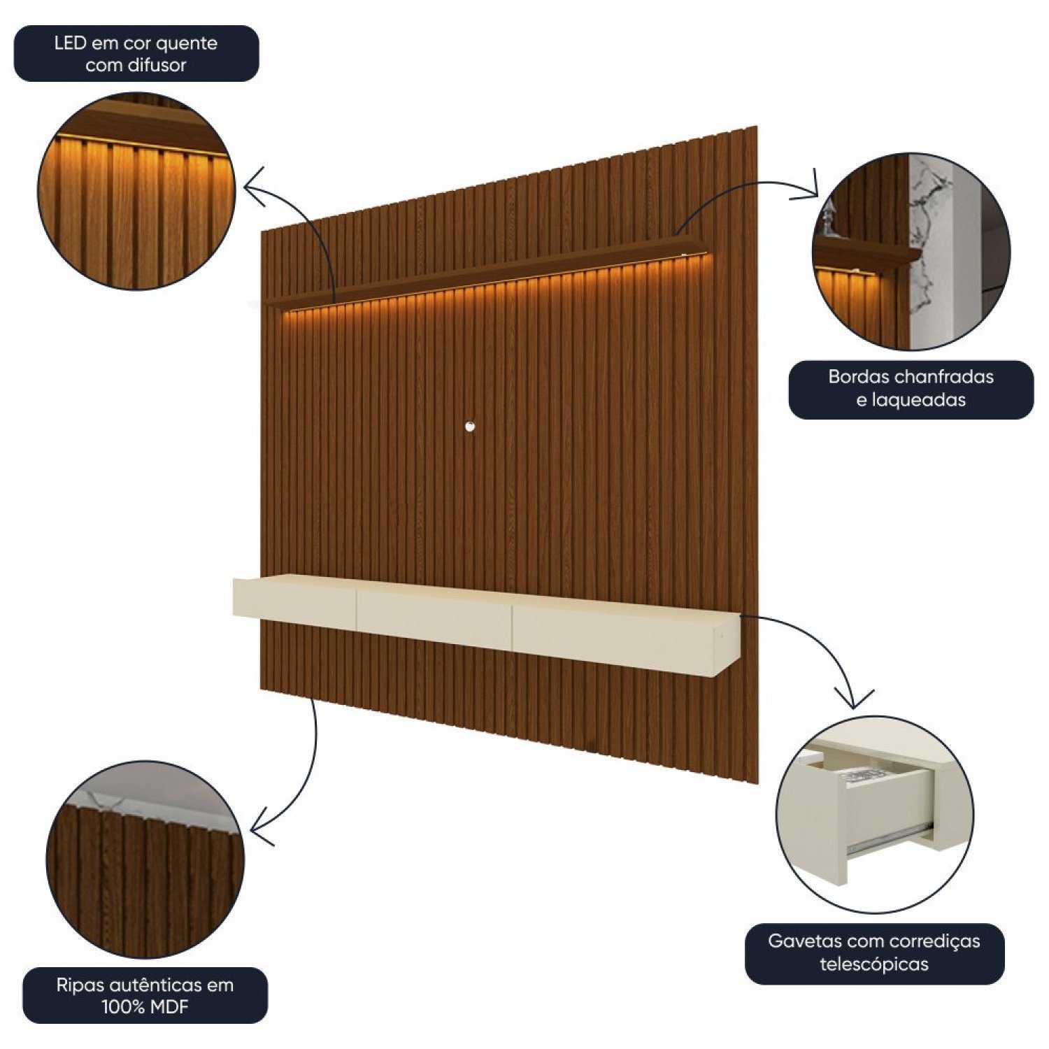 Painel para Tv até 85 Polegadas Ripado com Led Nobre 230cm - 6