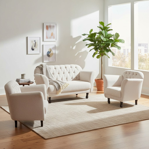 Kit Namoradeira + 2 Poltronas Decorativa Dália Linho Bege Pés Madeira