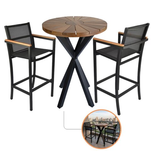 Kit 2 Banquetas Amélia Tela Sling Mesa Bistrô Alta Diamante Tampo Madeira
