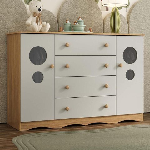 Cômoda Infantil 125cm 2 Portas com Vidro e 4 Gavetas Sonho Multimóveis Mp4475 Madeirado-off White
