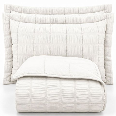 Kit Cobre Leito Linen Casal Micropercal 300 Fios Matelassê Colcha 3 Peças Efeito Creponado Branco