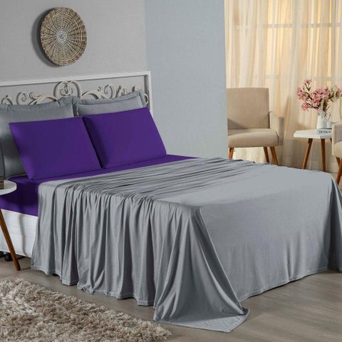 Jogo de Cama Casal Viúva Nobre 4 Peças Malha 100% Algodão - Cinza / Roxo
